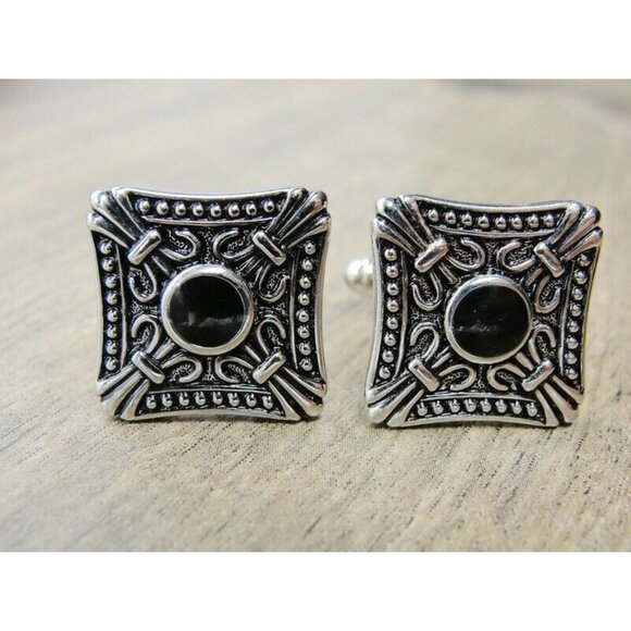 Cufflinks Square Black Onyx Unique Design Tux Shirt Dress Suit Vintage - Picture 2 of 9